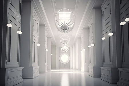 white hall with futuristic lighting, featuring sleek and modern fixtures, created with generative aiの素材