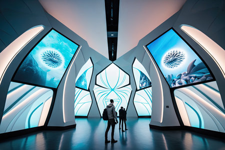 futuristic white hall with holographic projections and interactive displays, created with generative aiの素材