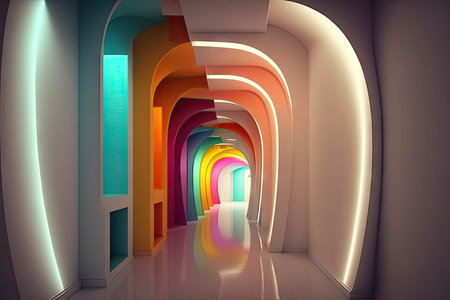 futuristic white hall with multi-colored lighting, providing a unique and vibrant atmosphere, created with generative aiの素材