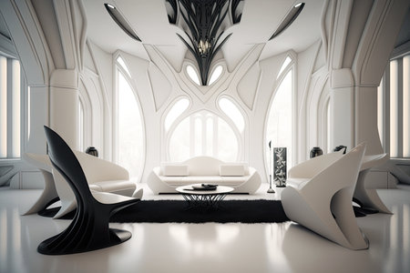 futuristic white hall with sleek and modern furniture, black accents, and futuristic lighting, created with generative aiの素材