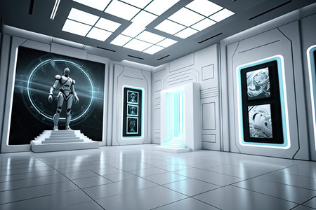 futuristic white hall with holographic projections, displaying images and information, created with generative aiの素材