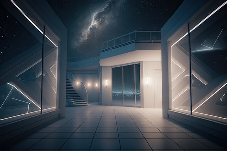 futuristic white hall with glass walls and futuristic lighting, view of the stars in the night sky, created with generative aiの素材