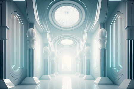 futuristic white hall with holographic projections of futuristic city, created with generative aiの素材