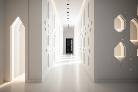 white hallway with futuristic lighting, featuring sleek and minimalist design, created with generative aiの素材