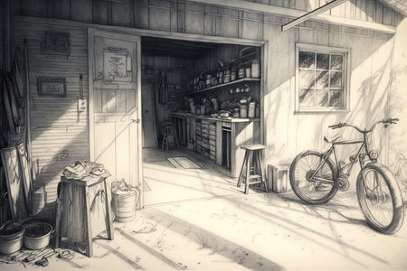 pencil sketch of garage, with bicycles and other items on display, created with generative aiの素材