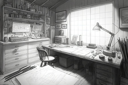 a garage workspace with tools, parts and drawings for a project sketched in pencil, created with generative aiの素材