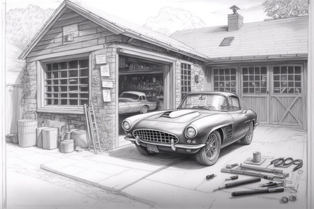 pencil sketch of garage with vintage car and tools in foreground, created with generative aiの素材