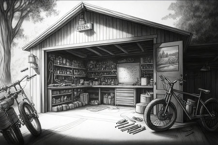 pencil sketch of garage with bikes, tools and sports equipment, created with generative aiの素材