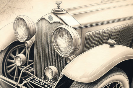 close-up of pencil sketch showing the intricate details of vintage car, created with generative aiの素材