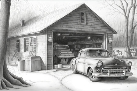 detailed pencil sketch of garage with tools, equipment, and car in the background, created with generative aiの素材