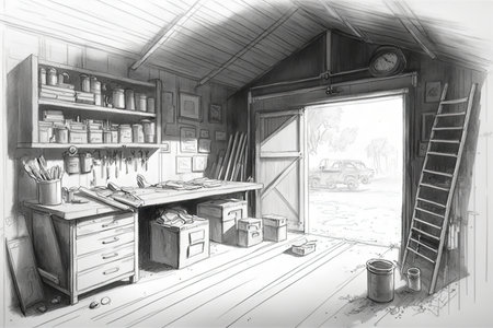 rough pencil sketch of garage, with tools and supplies on the workbench, created with generative aiの素材
