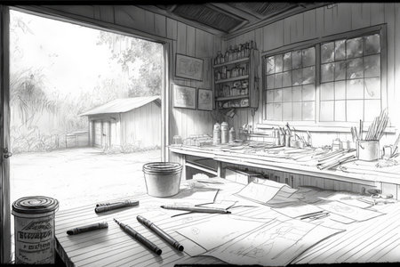 rough pencil sketch of garage, with tools and supplies on the workbench, created with generative aiの素材
