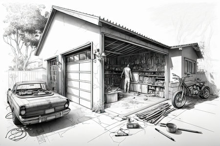 person, drawing detailed sketch of garage, complete with tools and car parts, created with generative aiの素材