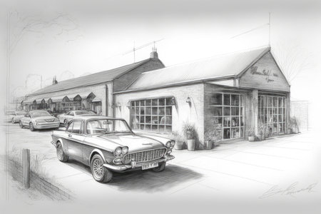 pencil sketch of garage with view of car showroom and vintage cars in the background, created with generative aiの素材
