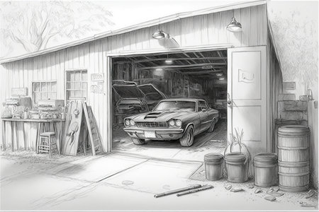 pencil sketch of garage with tools and vehicles in the background, created with generative aiの素材