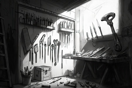sketch of a garage with tools hung on the walls, including hammers and screwdrivers, created with generative aiの素材
