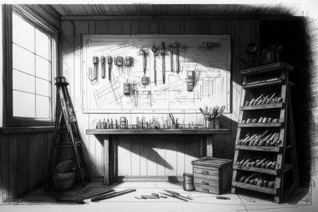 sketch of a garage with tools hung on the walls, including hammers and screwdrivers, created with generative aiの素材