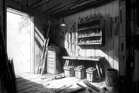 sketch of a garage with tools hung on the walls, including hammers and screwdrivers, created with generative aiの素材
