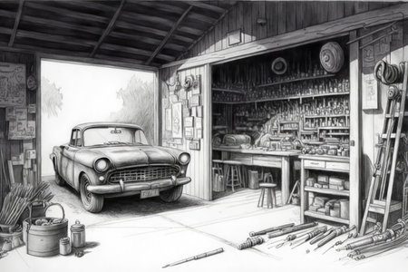 pencil drawing of garage, with piles of tools and car parts visible, created with generative aiの素材