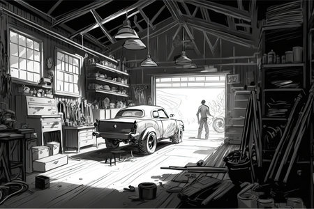 a sketch of a garage filled with cars, tools, and other mechanical devices, created with generative aiの素材