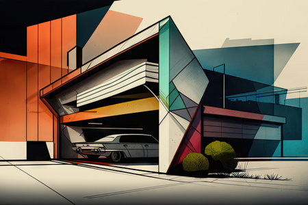 abstract garage sketch with bold and graphic lines, shapes, and colors, created with generative aiの素材