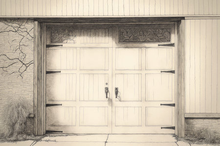 close-up of garage door, with pencil sketch and intricate details, created with generative aiの素材