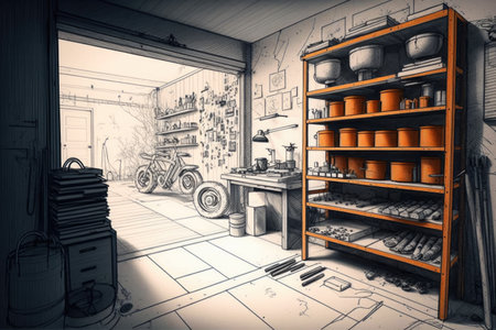 sketch of a garage with tools, car parts and other items neatly arranged on the shelves, created with generative aiの素材