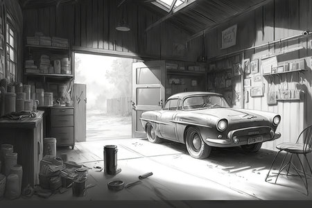 a beautifully rendered sketch of a garage, with all its tools and equipment in place, created with generative aiの素材