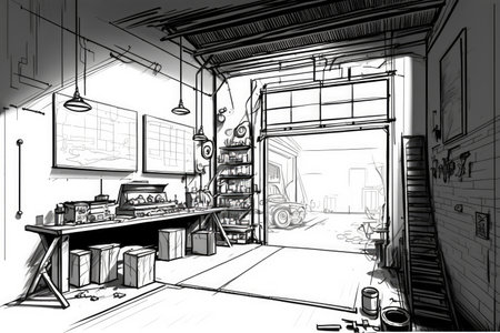 sketch of garage with tools and equipment hanging from the ceiling, created with generative aiの素材