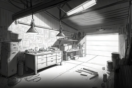 sketch of garage with tools and equipment hanging from the ceiling, created with generative aiの素材