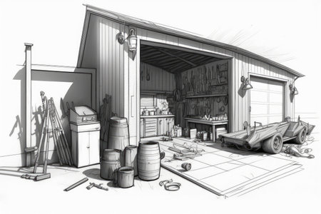 detailed sketch of garage with tools, equipment, and automotive accessories, created with generative aiの素材