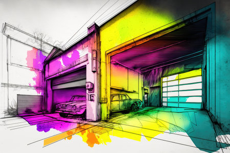 abstract garage pencil sketch with bright and bold colors, created with generative aiの素材