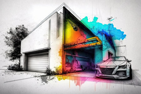 abstract garage pencil sketch with bright and bold colors, created with generative aiの素材