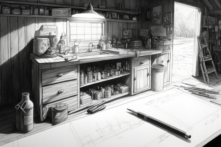 detailed pencil sketch of garage, with tools and parts on countertop, created with generative aiの素材