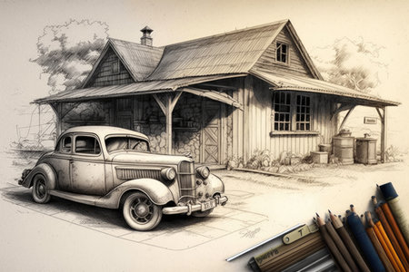 sketch of old-fashioned garage, with classic car and toolbox on the floor, created with generative aiの素材