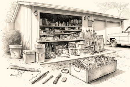 a sketch of an organized garage, with a toolbox, wrench set, and other essential items, created with generative aiの素材