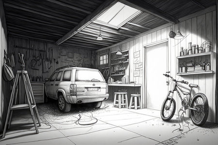 pencil sketch of garage with suv and bike on the floor, tools hanging from the ceiling, created with generative aiの素材