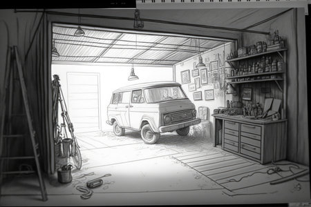 pencil sketch of garage with suv and bike on the floor, tools hanging from the ceiling, created with generative aiの素材