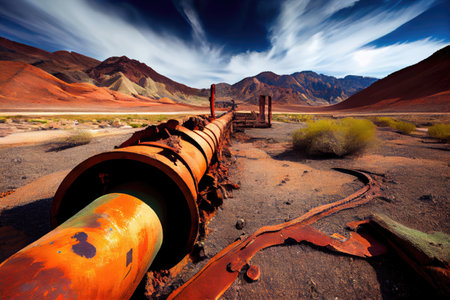 rusted and decaying gas pipeline in desolate valley, created with generative aiの素材