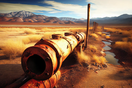 rusted and decaying gas pipeline in desolate valley, created with generative aiの素材