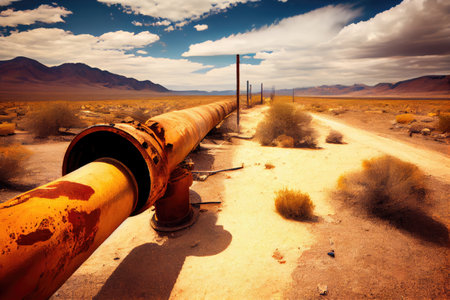 rusted and decaying gas pipeline in desolate valley, created with generative aiの素材