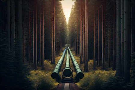 gas pipeline running through forest with tall trees, created with generative aiの素材