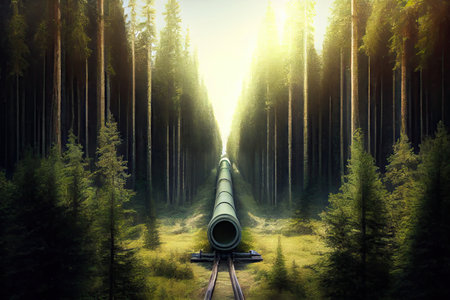 gas pipeline running through forest with tall trees, created with generative aiの素材