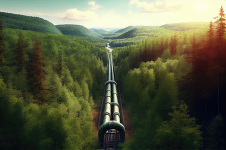 panoramic view of a gas pipeline stretching through a lush, green forest, created with generative aiの素材