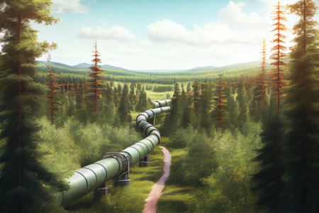 panoramic view of a gas pipeline stretching through a lush, green forest, created with generative aiの素材