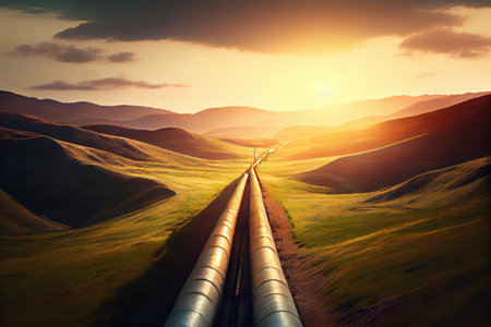 gas pipeline surrounded by rolling hills with the sun shining down, created with generative aiの素材