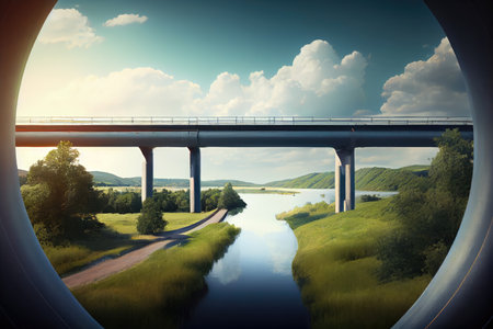 gas pipeline crossing over bridge, with view of scenic landscape, created with generative aiの素材