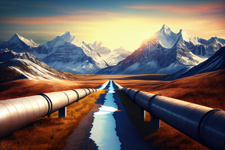 gas pipeline running through scenic mountain range, with peaks in the background, created with generative aiの素材