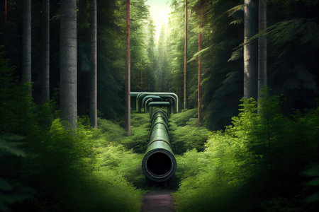 gas pipeline running through a lush, green forest, created with generative aiの素材