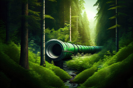 gas pipeline running through a lush, green forest, created with generative aiの素材